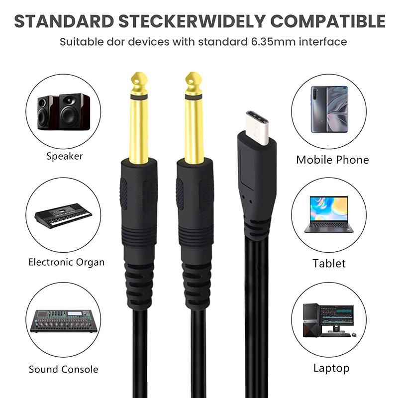1M 1Na2 Typ-C Na Dvojitý 6,35mm Samec TS Audio Kabel USB-C Na 1/4 Palcový Audio Kabel Y Rozbočovač Samec Pro Telefon Laptop Tablet PC