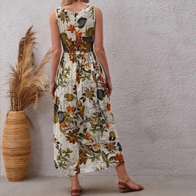 Abito Lungo Estivo in Cotone Stile Inglese con Stampa Floreale Senza Maniche per Donna Albicocca Casual a Vita Alta