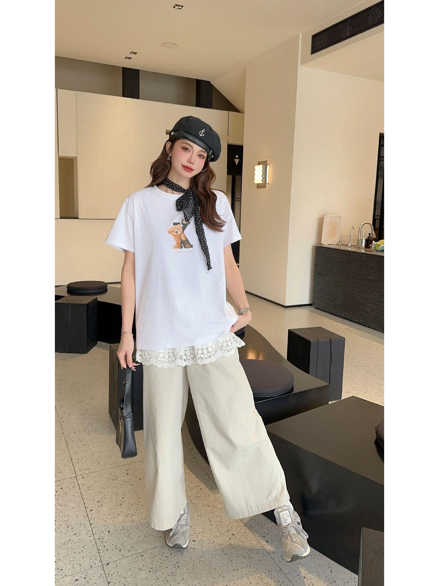 

2025 Женская летняя футболка с мультяшным принтом, круглым вырезом и коротким рукавом - Свободная, Стройнящая, Универсальная, Модная One size (45-75 kg) белый