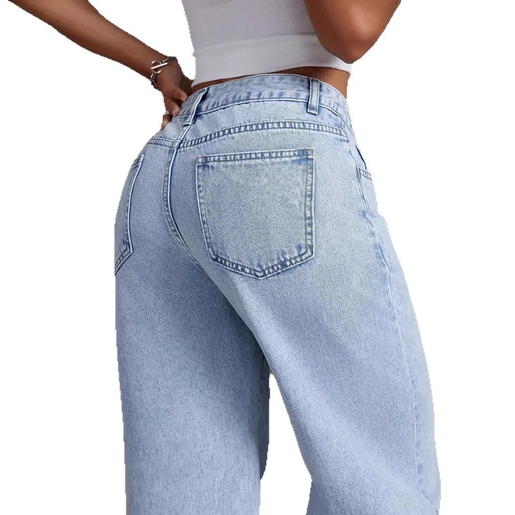 2026 New Women's Wide Leg Jeans, Slim Fit Stretch Denim Light Blue Casual Trousers with Multiple Design Details (S-2XL)