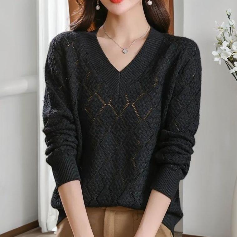 Women's Plus-Size Dopamine V-Neck Sweater Loose Collarbone-Showing High-Grade Hollow-Out Knit Top for Autumn & Summer