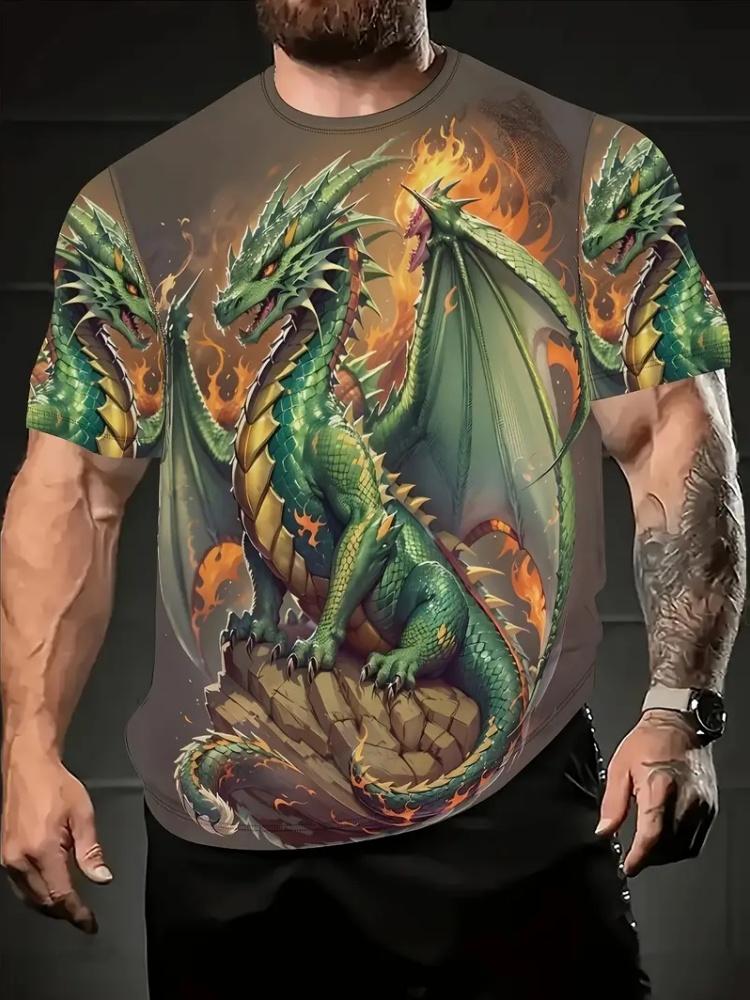 Vintage T-Shirts for Men Green Dragon 3D Print Summer Outdoor Crew Neck Graphic T-Shirts Men Casual Short Sleeves Y2k Clothes S