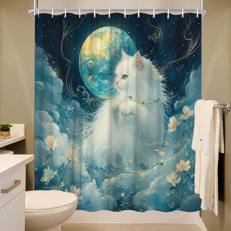 Mystical White Cat in the Stars Shower Curtain - Water-Resistant, Easy to Clean, Adds a Magical and Celestial Touch to W90xH180cm