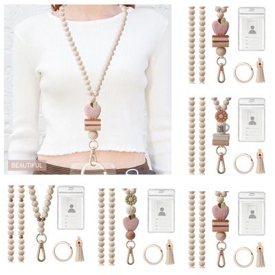 Badge Card Holder and Beaded Lanyard Set for Women Clear Card Holder with Beads Neck Strap Tassels Charm Keyring Loop