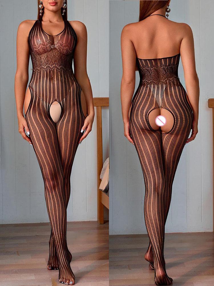 Romance Open Crotch Fishnet Bodysuit Women Sexy Lingerie Porn Garters Bodystockings Lace Underwear Erotic Outfits Sexy Set New