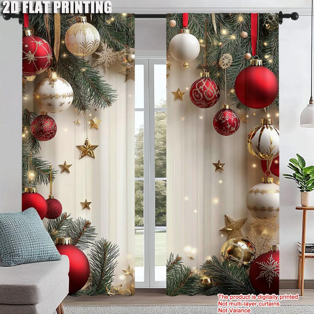 

Set Of 2 Festive Golden Red Ball Pine Leaves Design Christmas Window Curtains Polyester Living Room Curtain With Rod Pocket Perfect For Sitting W100*H70(CM)-Rod Pocket&1PCS