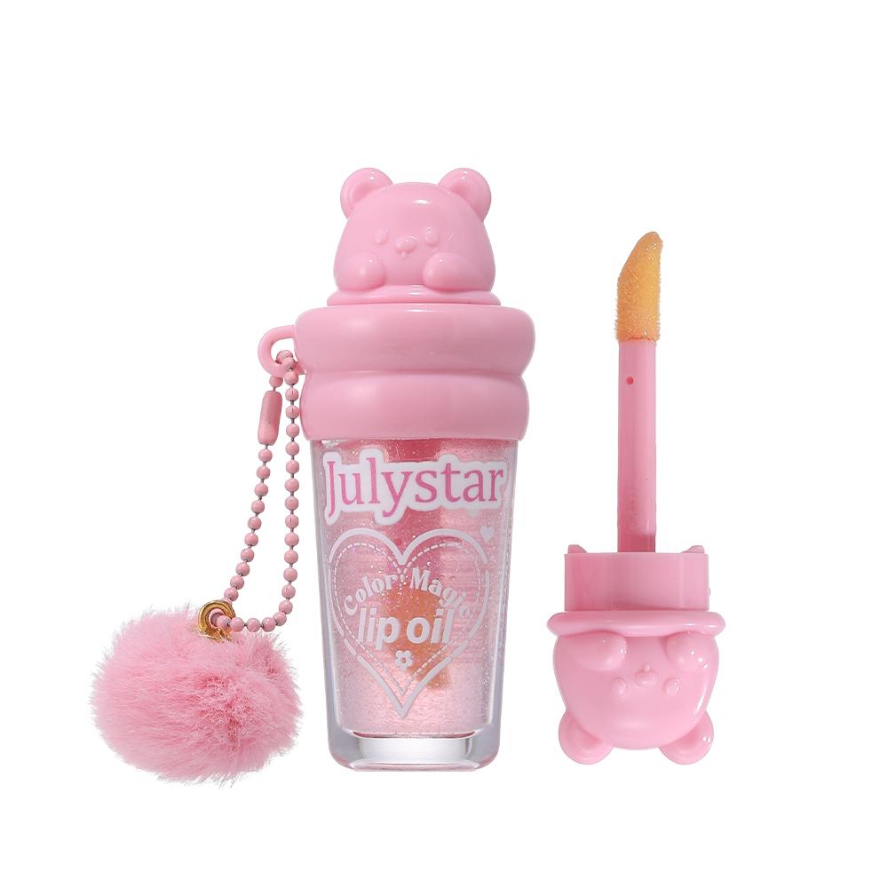 Olio Labbra Orsetto Carino Che Cambia Colore, Glassa Magica Che Cambia Colore con la Temperatura, Olio Labbra Idratante Lucido Glitterato con Portachiavi a Pompon di Peluche, Trucco Portatile