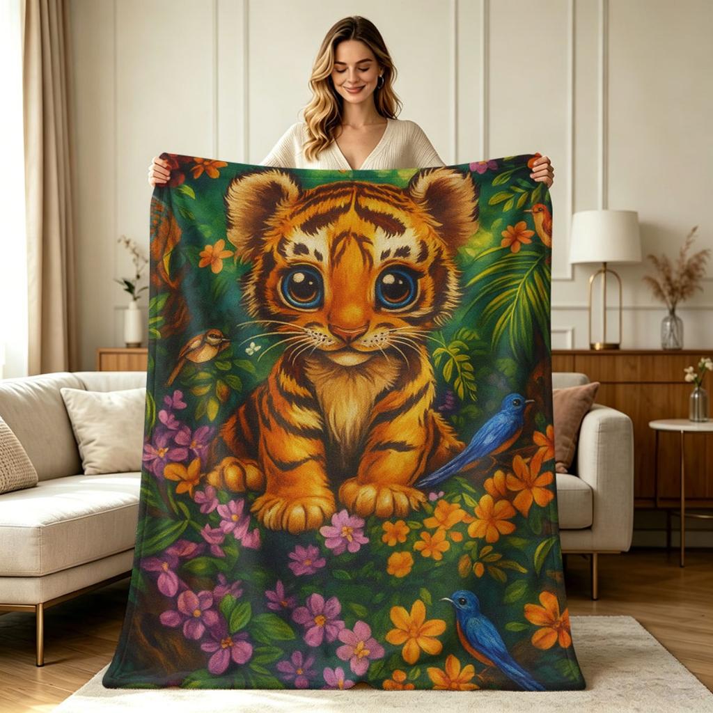 Soft Warm Flannel Throw Blanket Cute Baby Tiger Jungle Floral Bird Print All Season Cozy Blanket for Sofa Couch Living Room Bedroom Office Home Decora