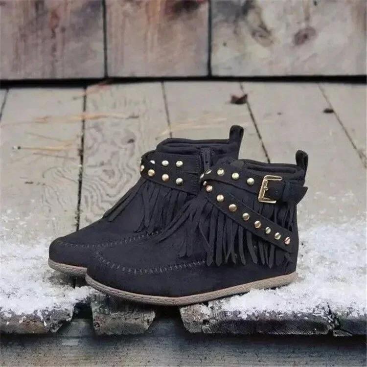 Fashion Vintage Women Boots Suede Ankle Boots Fringe Women Shoes Winter Boots Women Side Zipper Casual Shoes Round Toe Ladies Snow Boot