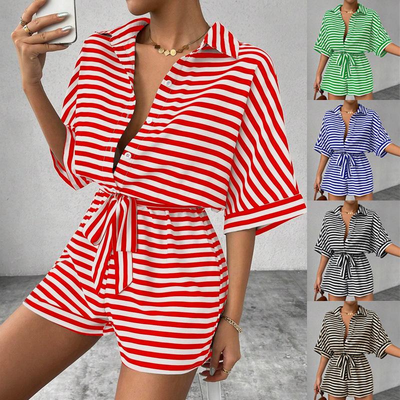 Summer Jumpsuit for Women's Casual Loose Comfortable Outfit Striped Batwing Sleeve Shirt Top+ Shorts Jumpsuit Woman