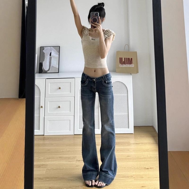 Damskie dżinsy retro, prane, mikro-rozszerzane, długie do podłogi - Jesień 2025, niski stan, luźny krój