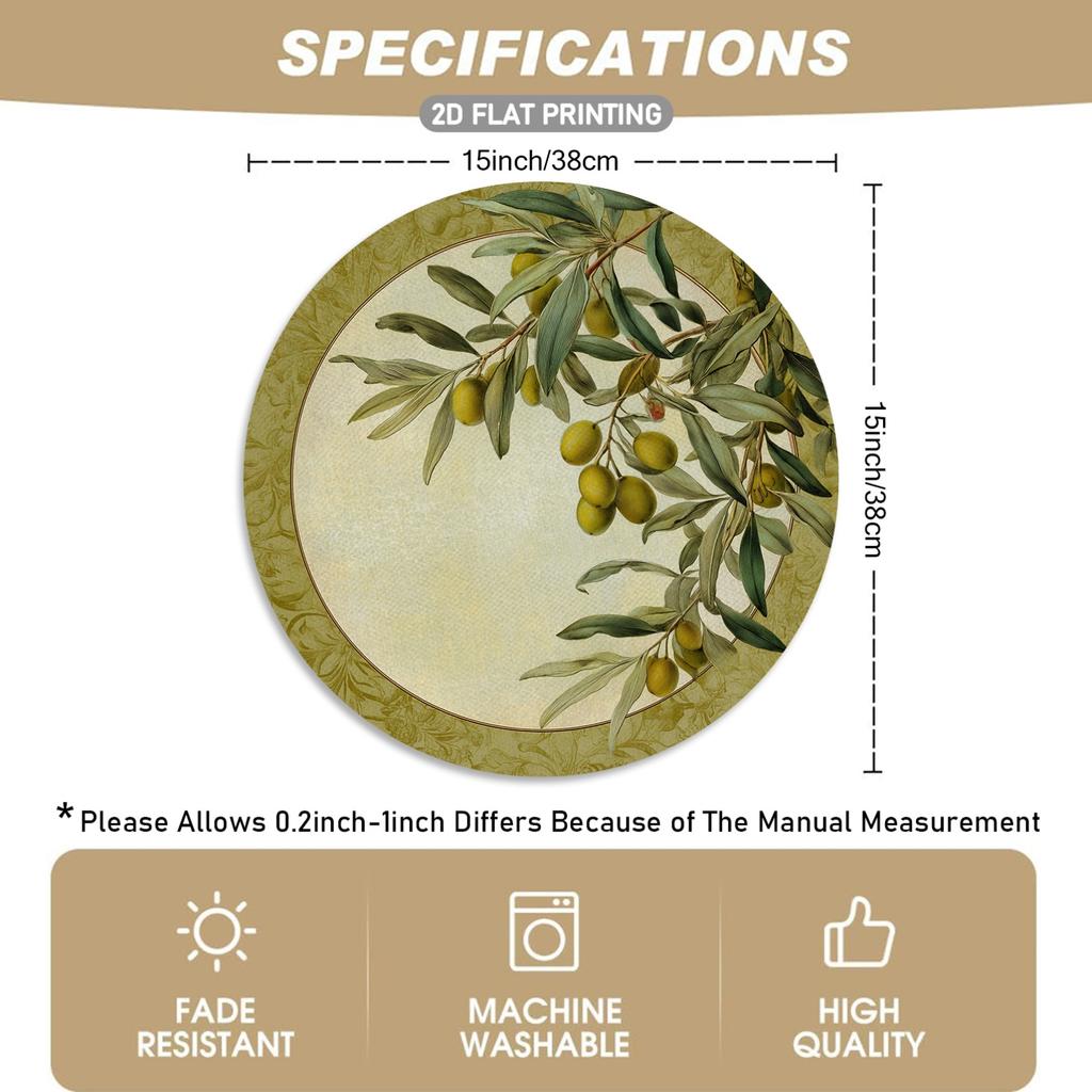 4/6pcs, Olive Branch And Fruit Pattern Round Placemats, Green Leaf Plant Theme Table Mats, Suitable for Restaurant Decor, Kitchen Table Decoration, Da
