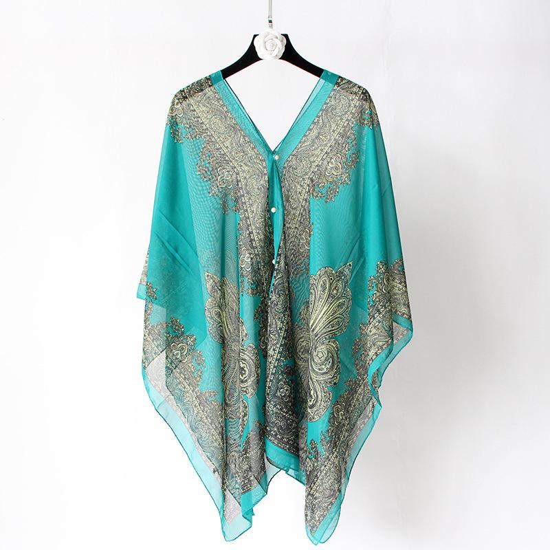 Beach Sun Protection Shawl Women Clothes Summer Beach Bikini Cover Up Loose Chiffon Blouse Shawl Scarf With Buttons