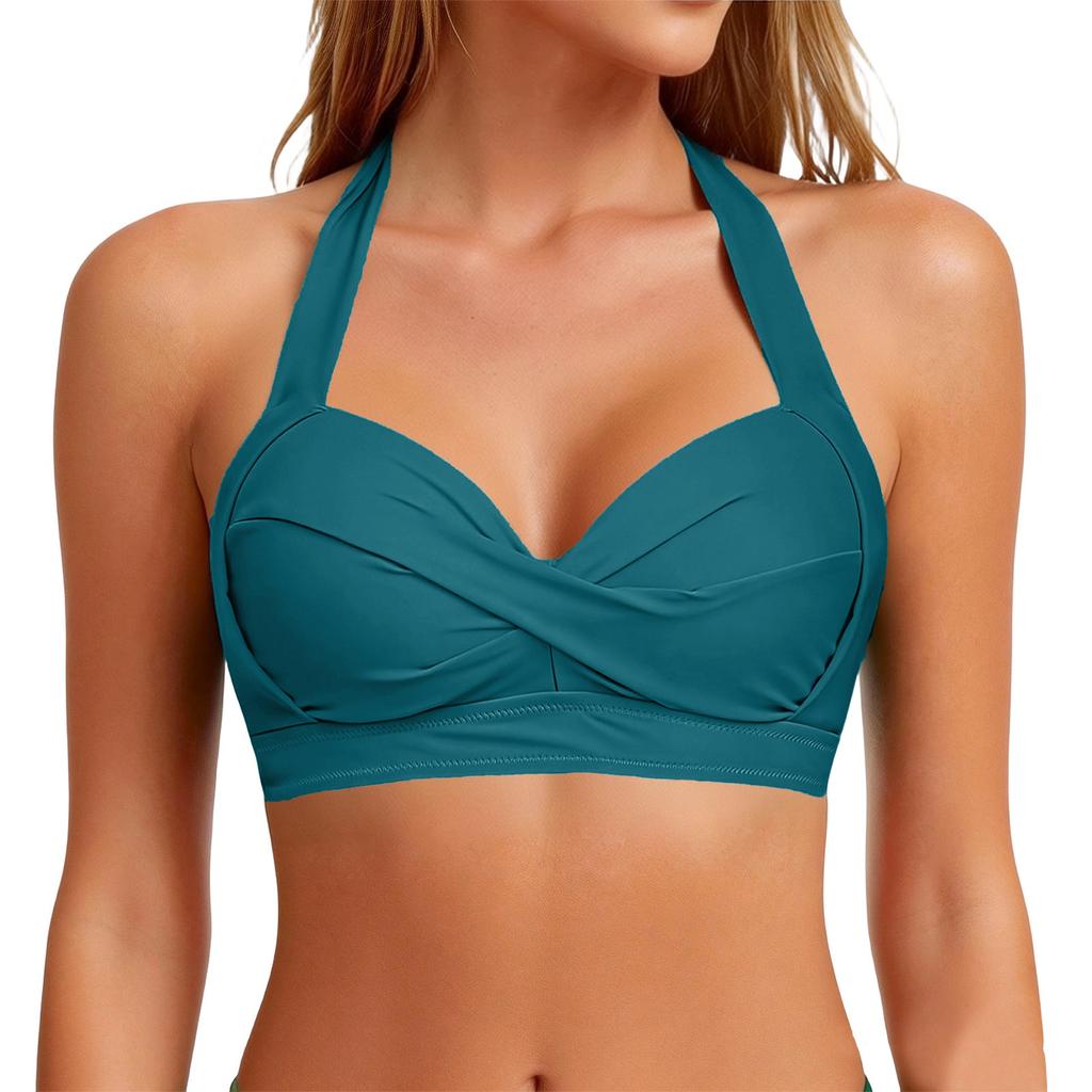 Women Neck Bikini Top Front Padded Swimwear Adjustable Back Strap Supportive Bathing Suit Top