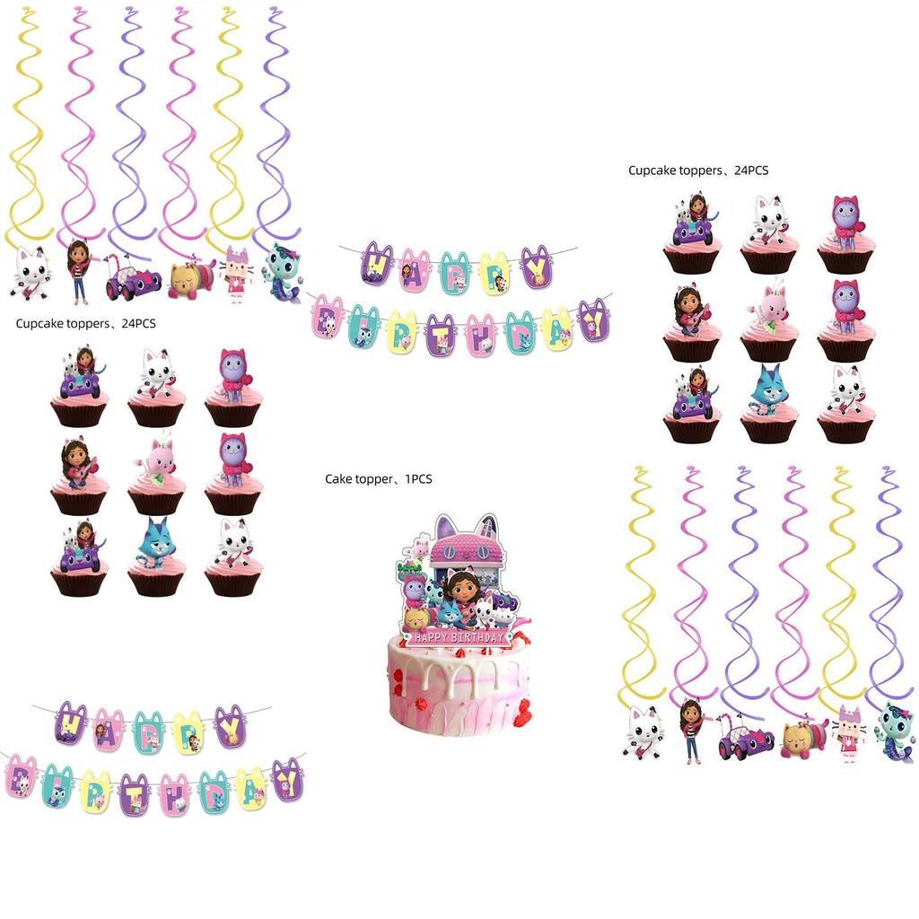 Joyful Gabbys Dollhouse Kids Birthday Decorations With Bright Balloons And Charming Cake Toppers