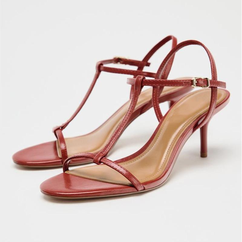 Fashion Elegant Red Ankle-Wrap Narrow Buckle Thin Heeled Sandals Women Sexy Peep Toe High Heels Summer Beach Sandals Wedding Bridal Shoe