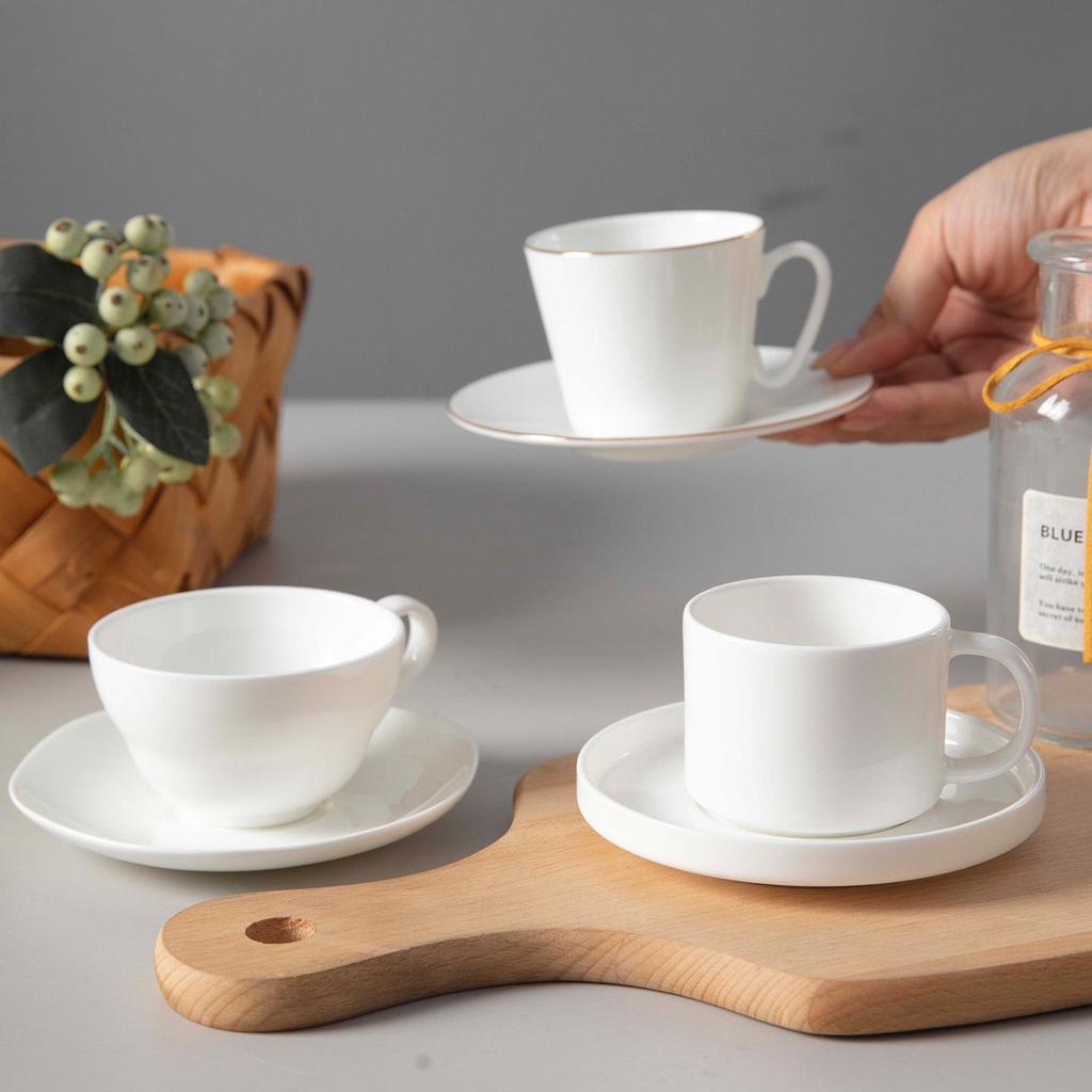 Pure White Bone China Espresso Cup & Saucer with Gold Rim, 80ml