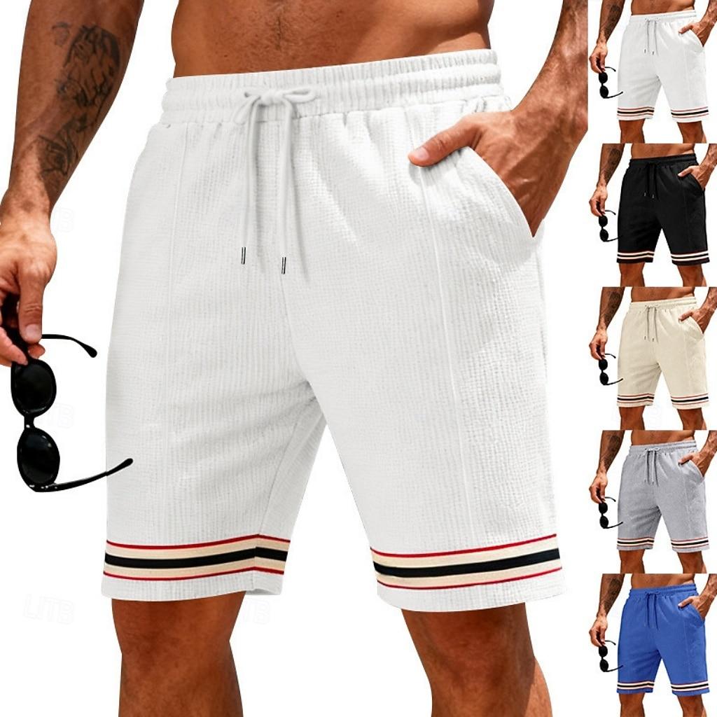 Men s Athletic Shorts Waffle Shorts Shorts Casual Shorts Pocket Elastic Waist Striped Comfort 2XL