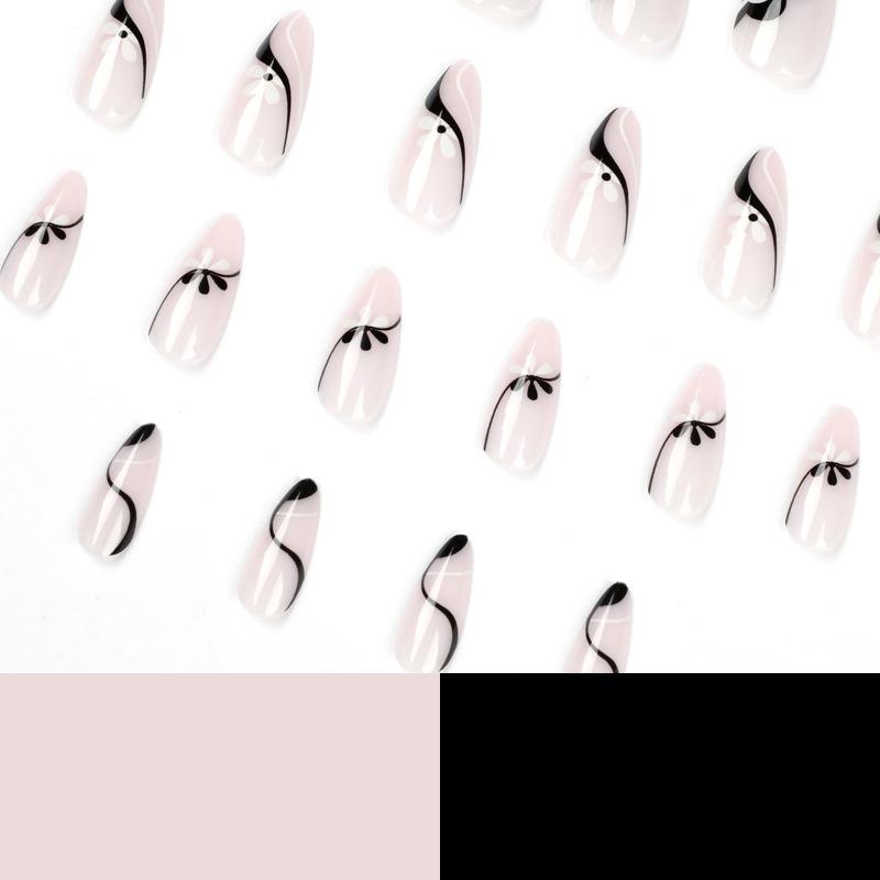 24Pcs/Set Quick Nails Simple French Black And White Flowers False Nials Sticker Wearable Waterproof Manicure Finished Nails