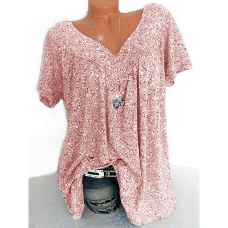 Summer Short Sleeve Floral Printed Loose Women Blouse Plus Size Fashion Elegant Casual Simple Office Shirt Ladies Solid Color Women's Clothing
