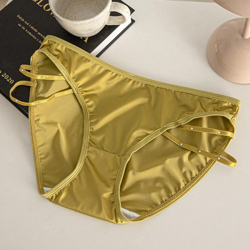 Thin Band Satin Mesh Panties with Sparkling Diamonds Lift Buttocks Sexy Mid Waist Triangle Women’s Panties