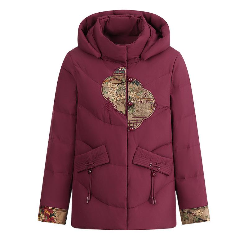 Down Jacket Women's National Wind Embroidery New Middle-aged and Elderly Loose Winter Clothes Joker Hooded White Duck Down Coat