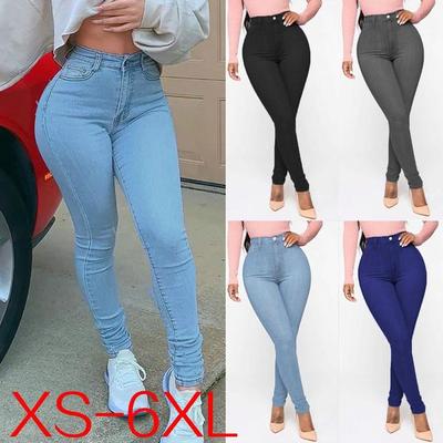 Dámské kalhoty s vysokým pasem Stretchy Jeans Denim Pencil Pants Plus Size