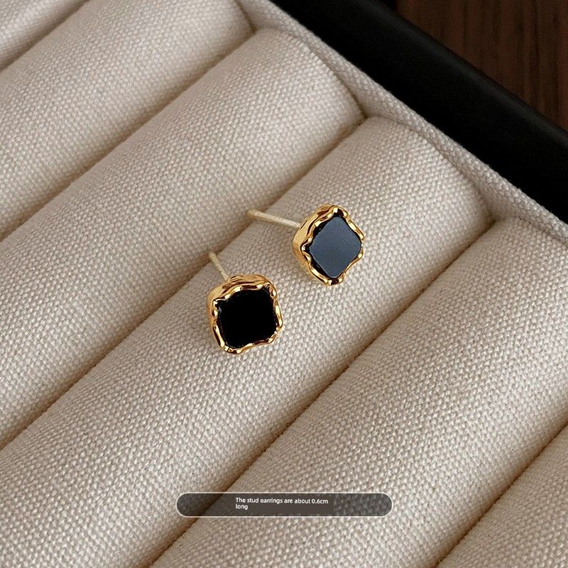 

Black Square Female Best Selling Fashion Trending Small Ear Studs Golden Black Face ~ Mini Small Stud Earrings