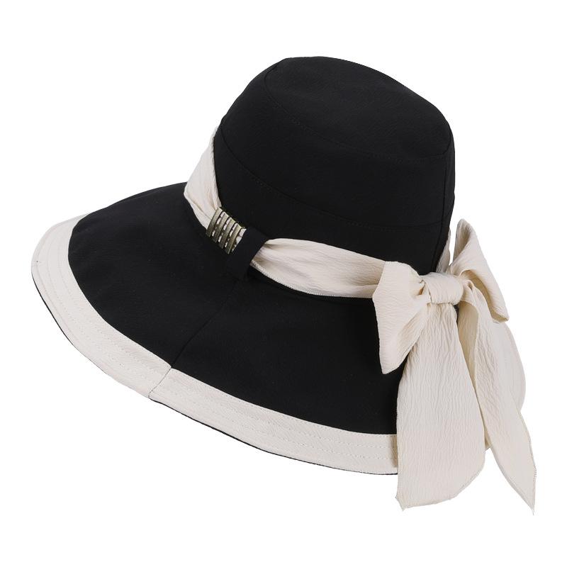 Spring and Summer Big Eaves Sunscreen Hat Outdoor Outing Ladies Sun Hat Fashion Strap Bow Bucket Hat
