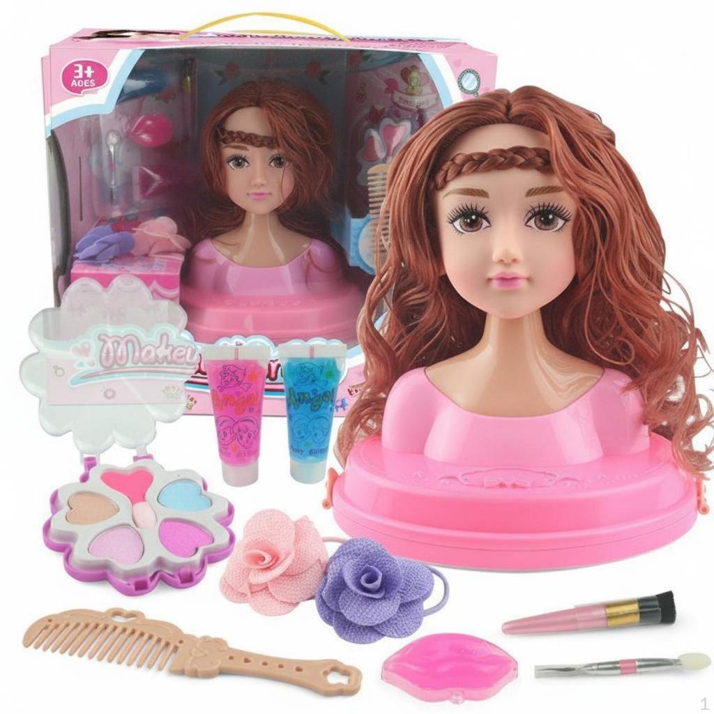 Makeup Doll Head Kit Gift Box Packaging Hairstyling Pretend Play for Children, Aspiring