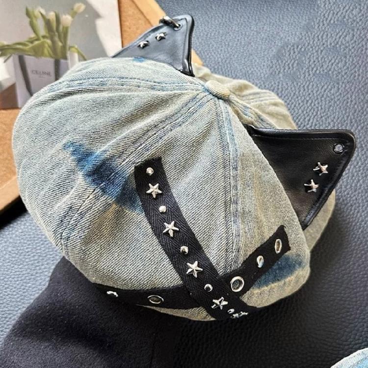 Aesthetic Studded Cats Ear Caps Cotton Adjustable Headwear Vintage Unisex Design For Cosplay Streetwear Outfit