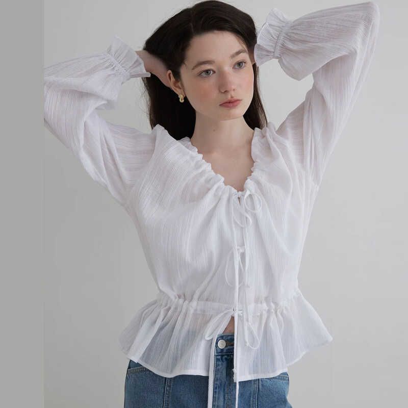 

Korean Suxi Celebrity Style French Style Tops V-neck Lace-up Drawstring Shirt Ivory White Cotton Long Sleeve White Shirt Han Suxi White Shirt L