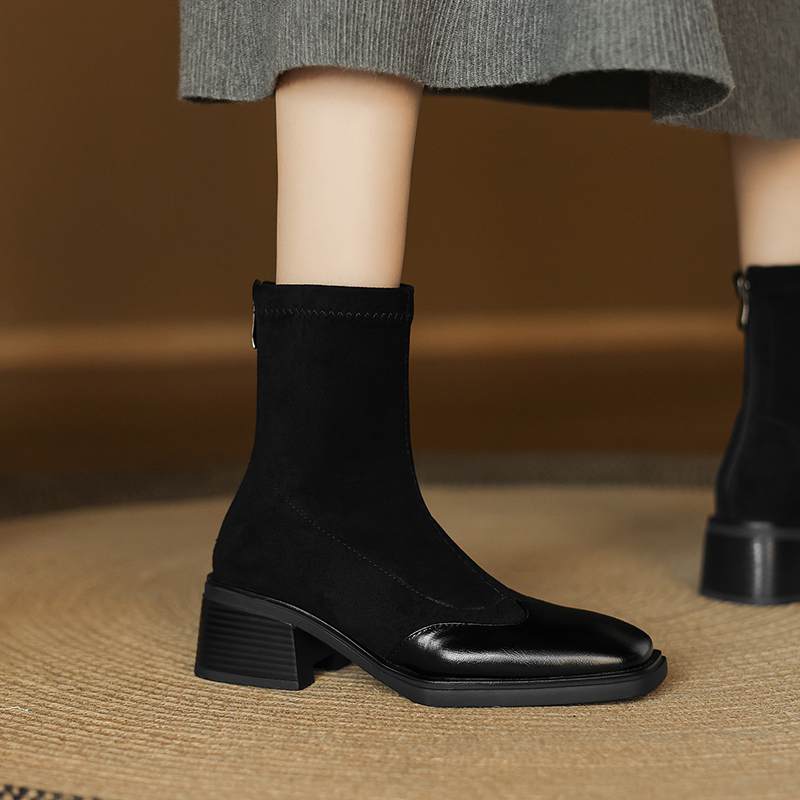 Krazing Pot Microfiber Flock Winter Square Toe Modern Size 33 Boots Size 43 Zipper KPOP Style Fashion Stretch Ankle Boots