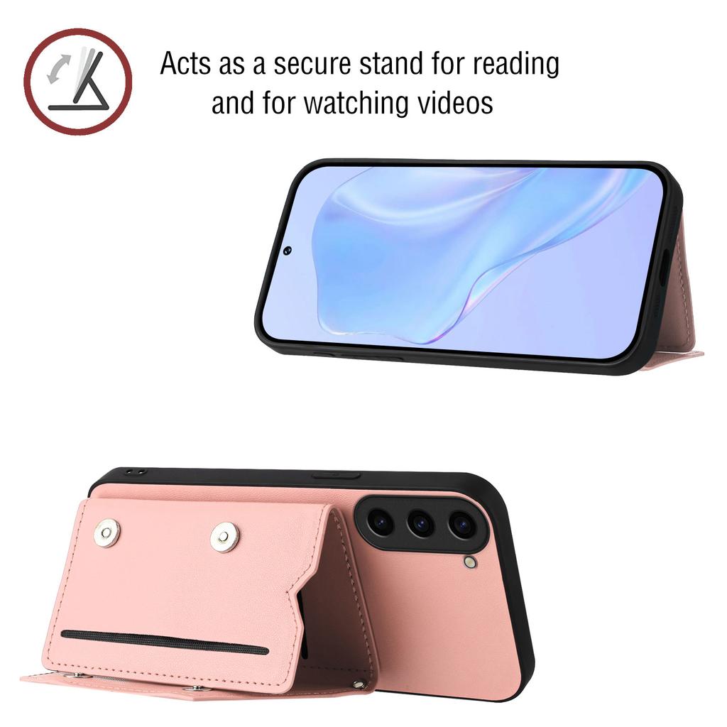 For Samsung Galaxy S23 Case Card Holder Kickstand Skin-Touch Phone Cover with Wrist Strap