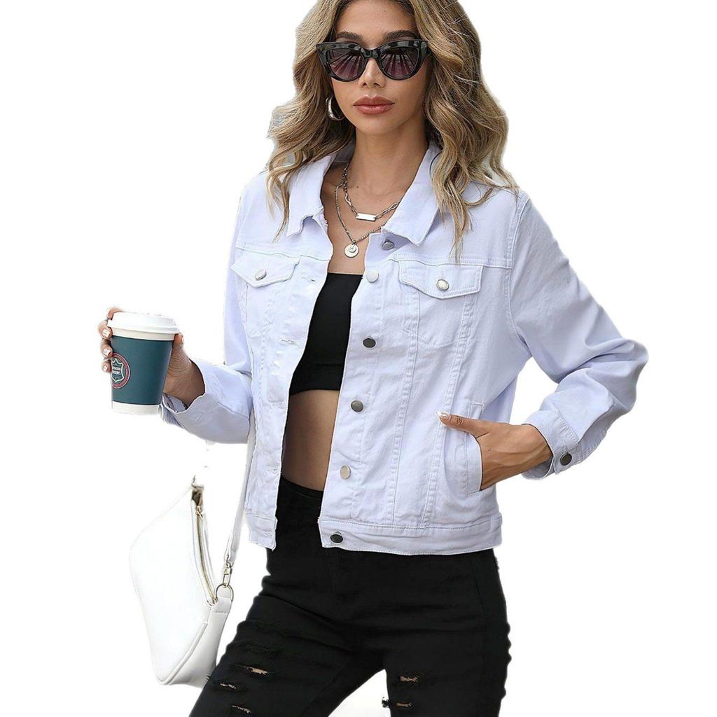 2025 Slim Fit Women's Denim Bomber Jacket with Turn-Down Collar and Pockets