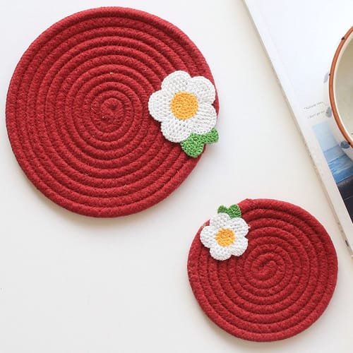 

Hakona Handwoven Pot Holders, Stylish, Heat-Resistant, Cute, Nordic Design, Insulating Mat, Water-Absorbent Cotton Coaster, Round, Floral Print, Non-S
