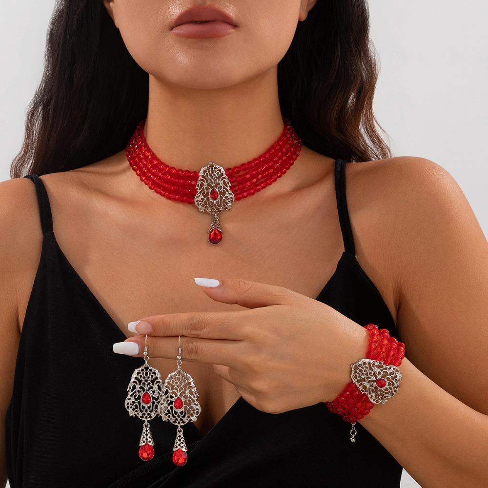 Multilayer Pearl Beaded Bracelet Shiny Necklace Earring Set Temperament Bridal Jewelry Set  Lady