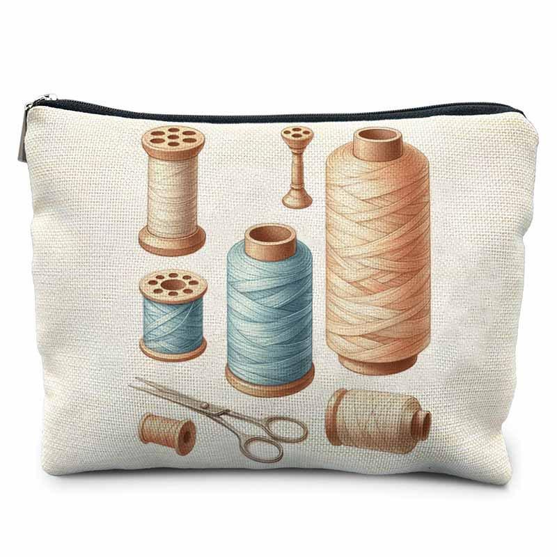 Creative Sewing Theme Print Makeup Bag Polyester Zipper Pouch Button Yarn Cat Pattern Organizer for Travel Daily Use 21.5x15cm