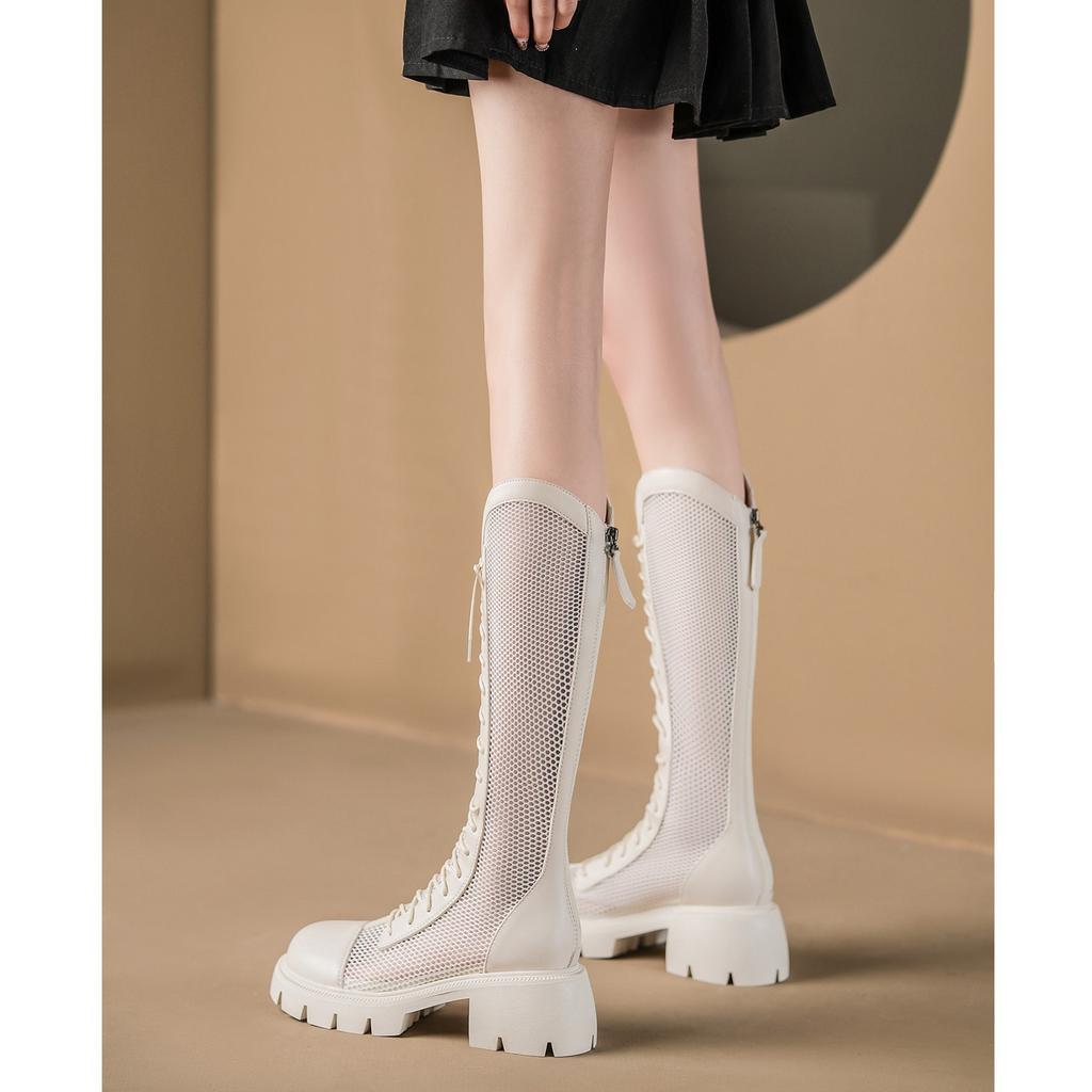 Mode Damen Sommer Kniehohe Mesh High Boots Weibliche Atmungsaktive Plateau Mesh Schnürstiefel Dicker Absatz Hollow Lange Ritterstiefel