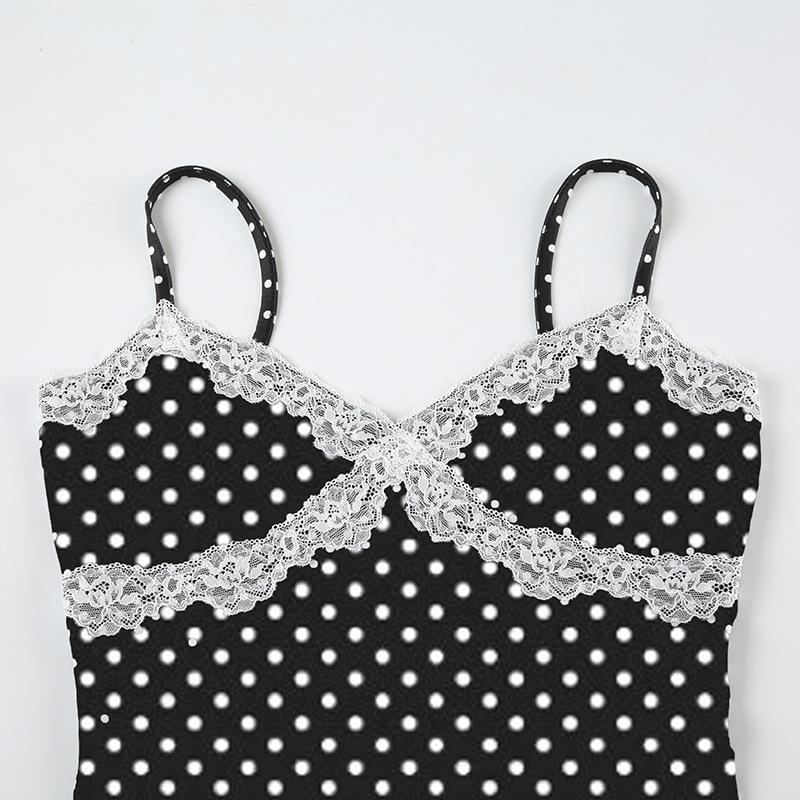 Women's Lace Patchwork Bow Polka Dot Halter Spice Girl Color Contrast Sexy V Neck Waist Vest Top