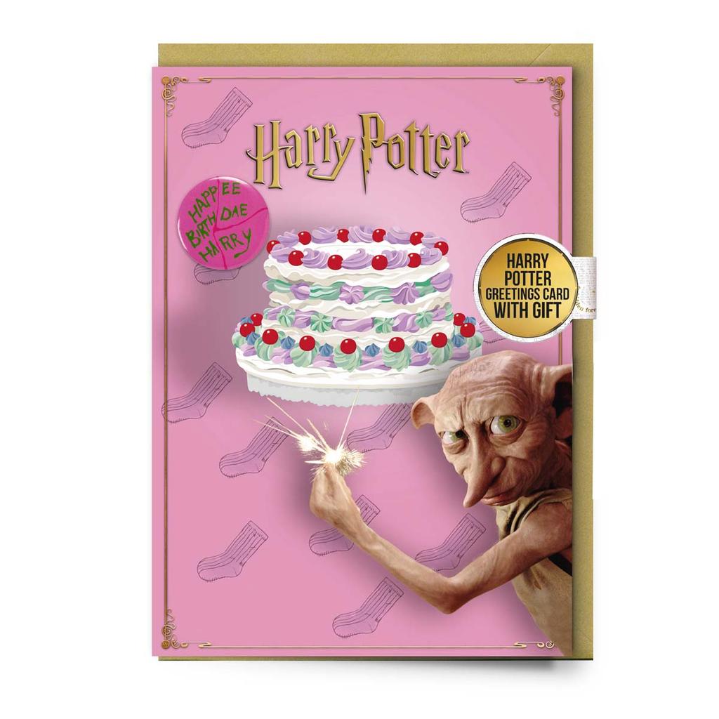 HARRY POTTER Dobby Happy Birthday Cake Greetings Card with Button Badge (Pack of 6)