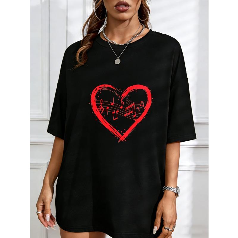 White T Shirt With Red Heart Music Notes Print For Casual Wear And Music Lovers