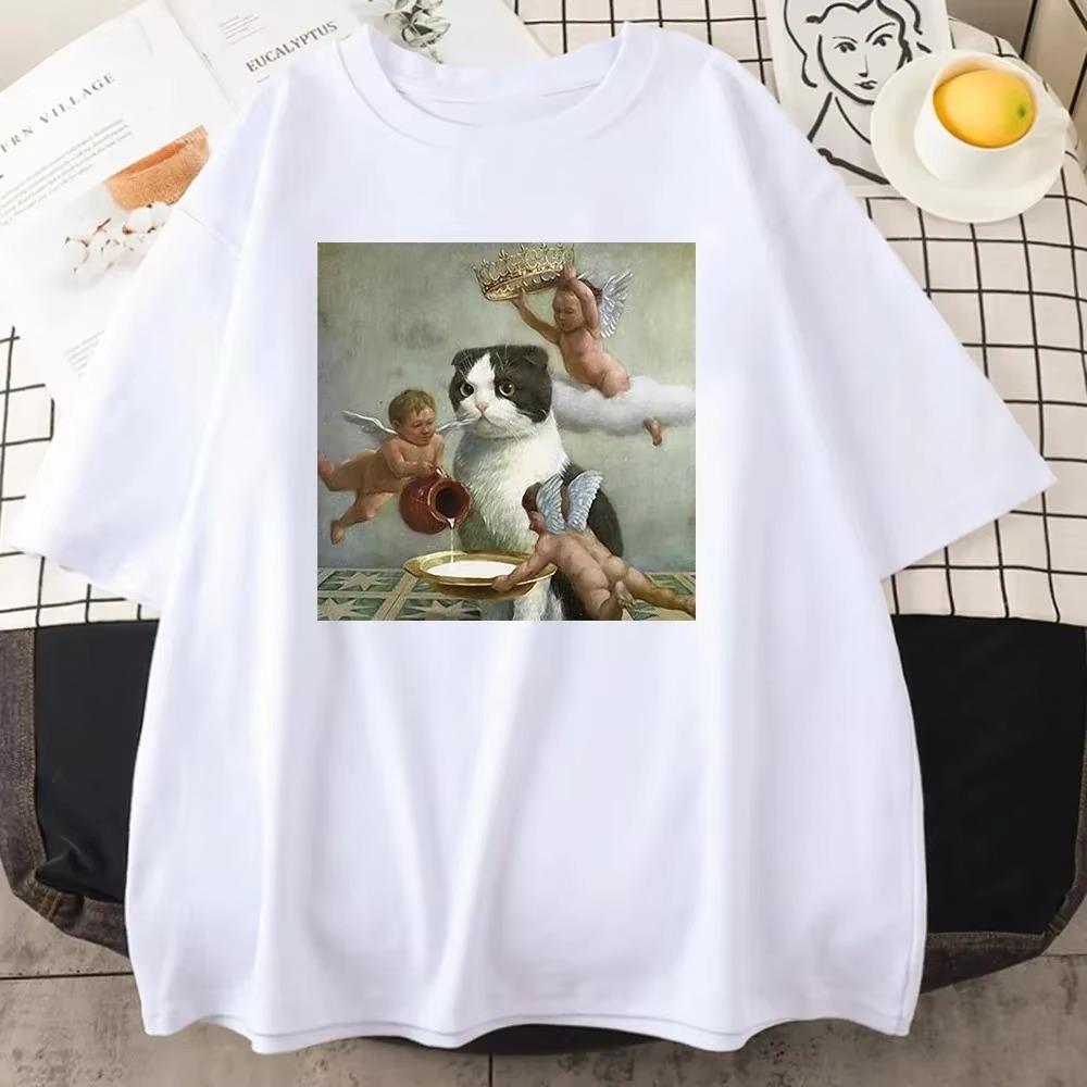 Scottish Fold Angel Crown Print Cotton Men Clothing Personality Casual Crewneck T-Shirts All-math Loose Mans Cotton Short Sleeve