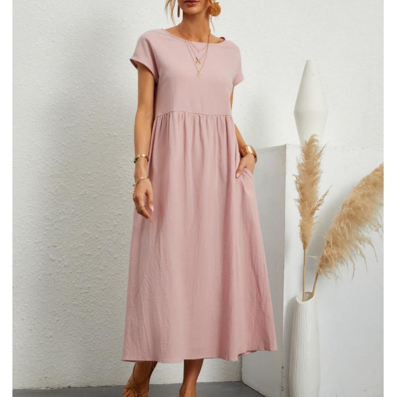 QICED Fashion Summer Spring Solid Color Print  Short Sleeve O-Neck Casual Dresses