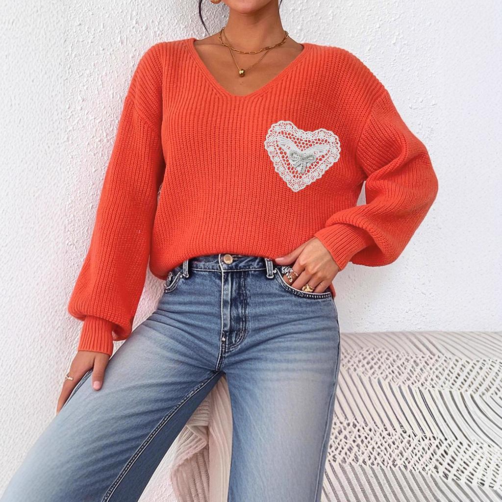 Autumn and Winter Women's Sweater, V-neck Knitted Sweater, Lace Bow Patchwork Pocket Pullover