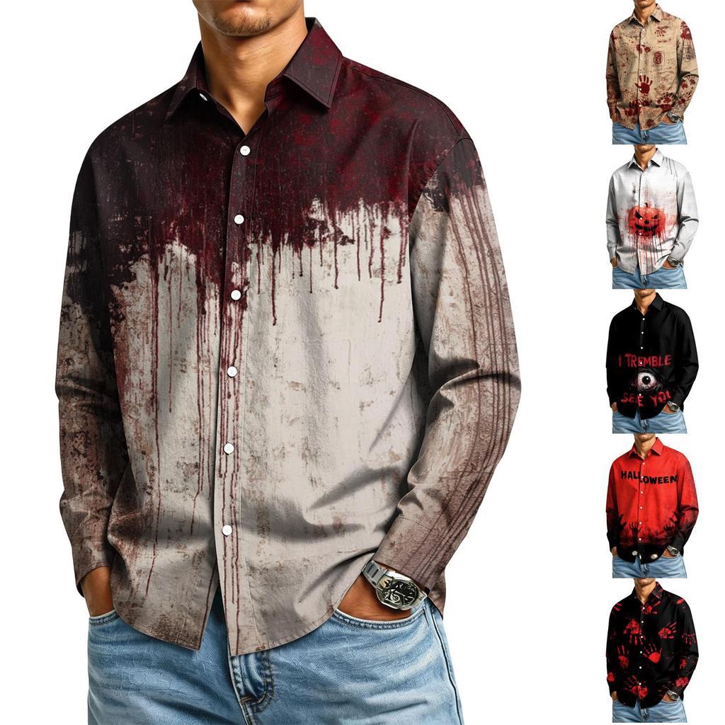 Men's Long Sleeve Halloween Printed Button Down Shirt