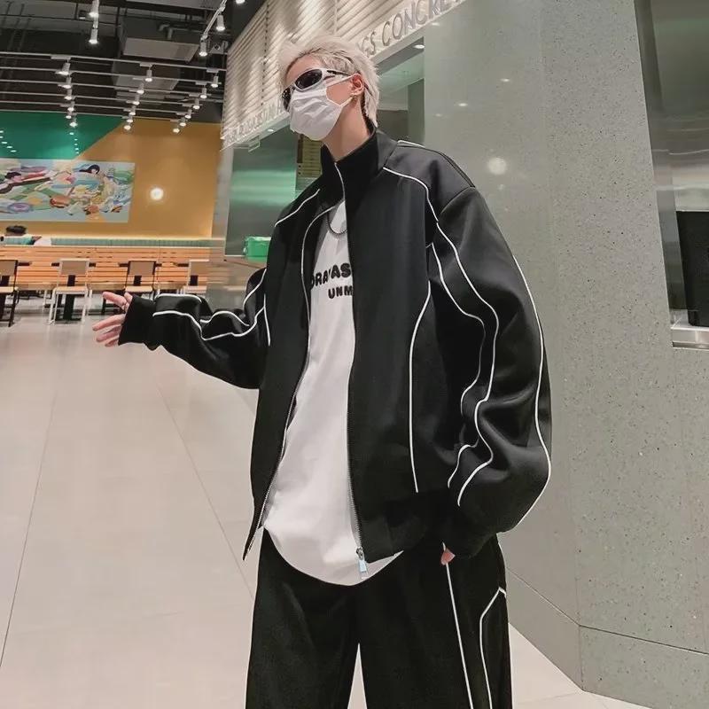 Men's Trendy Loose-Fit Sports Suit: Korean-Style Solid Color Jacket & Casual Pants Two-Piece Set for Spring/Autumn.