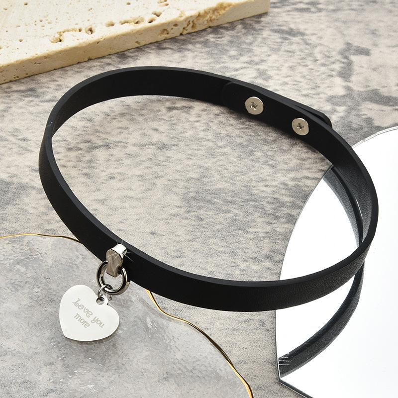 Women's Black Leather Heart Choker with Stainless Steel Pendant - Trendy and Versatile Fashion Necklace