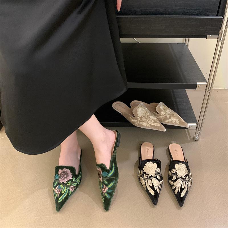 

Spring and summer embroidery half-drag wear lazy shoes size 40 35 зелений