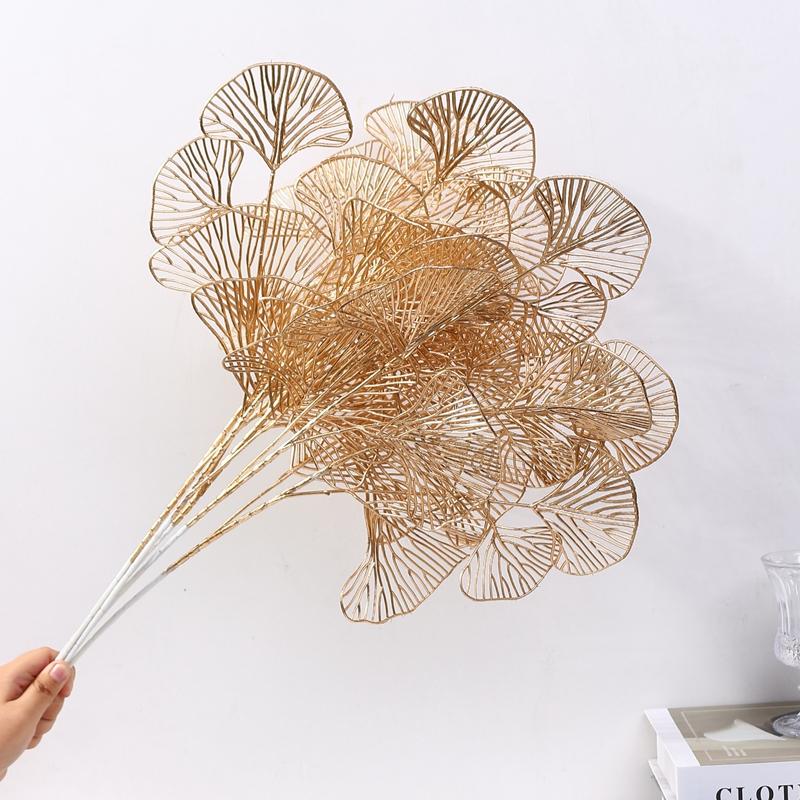 Three-pronged Fan Leaf Netting Artificial Gold Ginkgo Eucalyptus Holly for Wedding Arch Flower Arrangement Home Decor Crafts